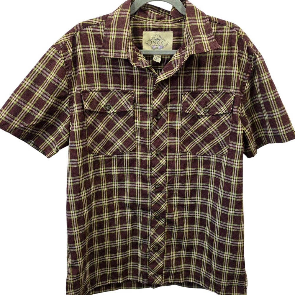 JNCO Jeans Plaid Button Up Shirt Mens Medium Short Sleeve Ramie Blend Skater Y2K